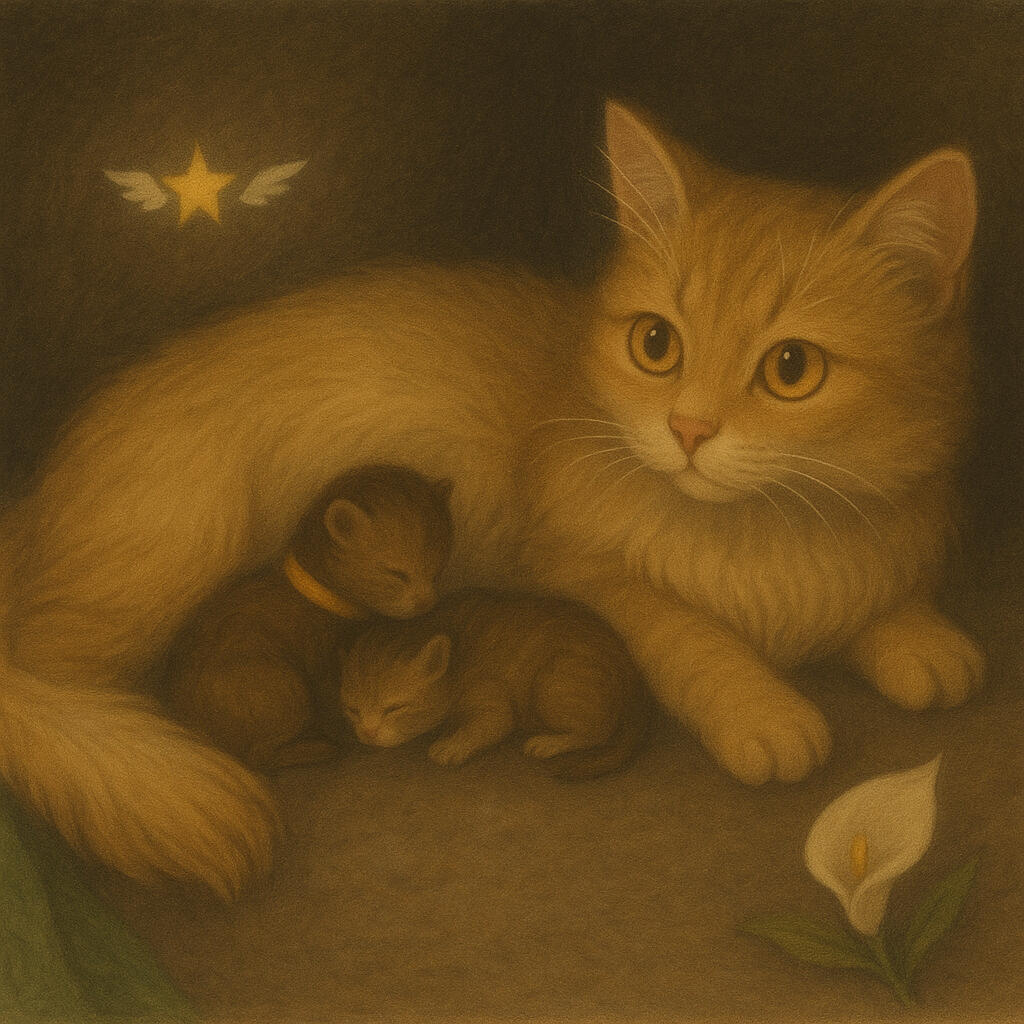 Inka im Nest mit ihren zwei neugeborenen Katzenwelpen Inka wärmt ihre zwei neugeborenen Katzenwelpen im Nest und blickt zum Stern mit Engelsflügeln welcher das stillgeborene Katerchen Malachai symbolisiert.